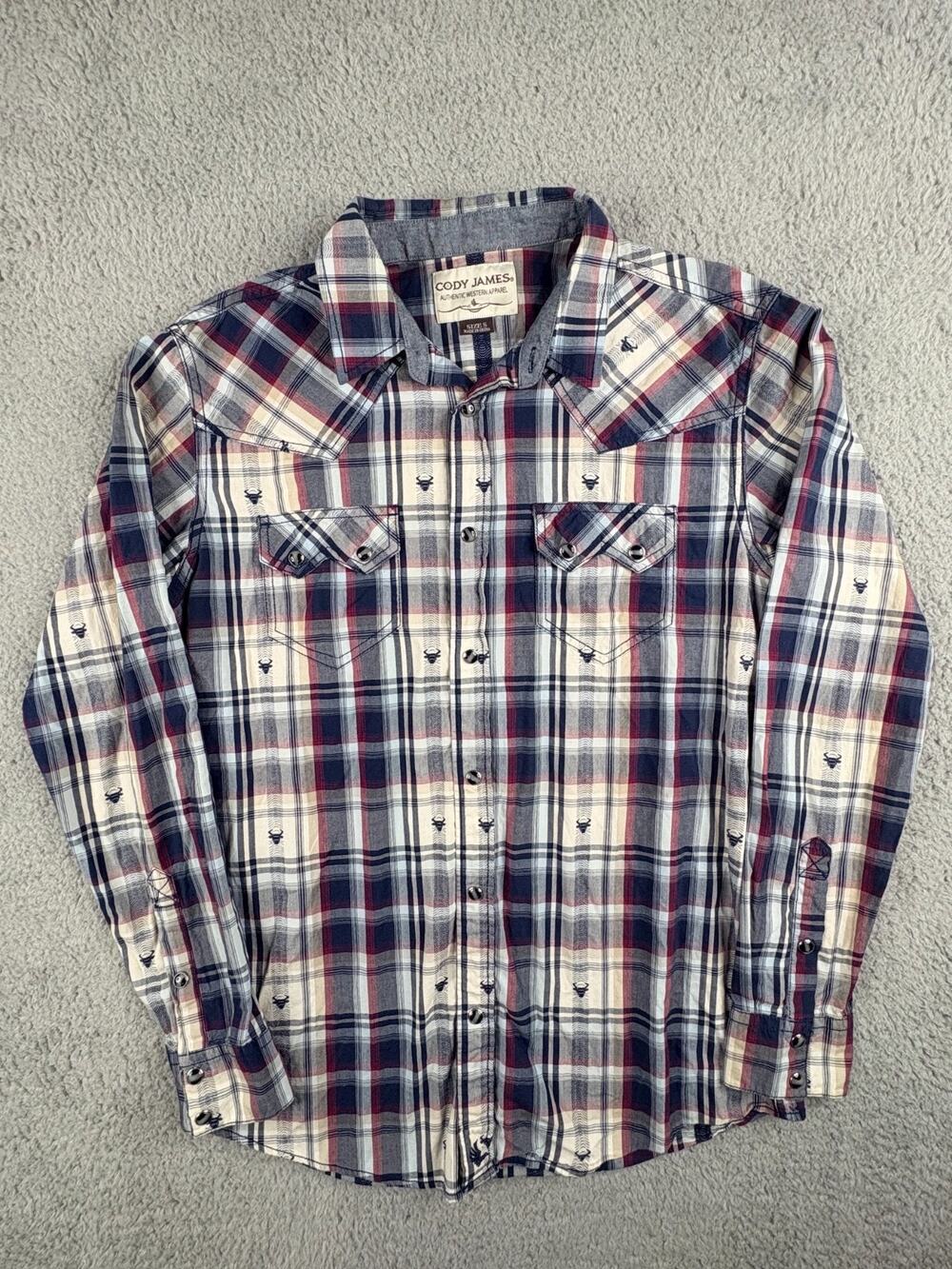 Cody James Button Up Shirt Men's Small White/Blue Plaid Bull Skull Embroidered